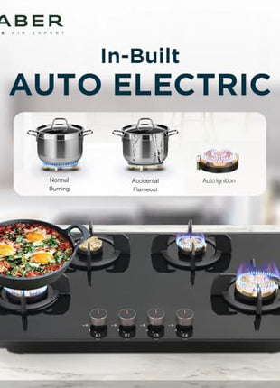 Faber 4 Burner 90Cm HOB |Auto Ignition| HOB PRIME HT904 CRS BR CI AI |Metal Knobs| Cast Iron Pan Support|HOB/Cooktop Hybrid|Black Glass Finish |5 Yrs Warranty On Glass,Valve & 2 Yrs On Burner 