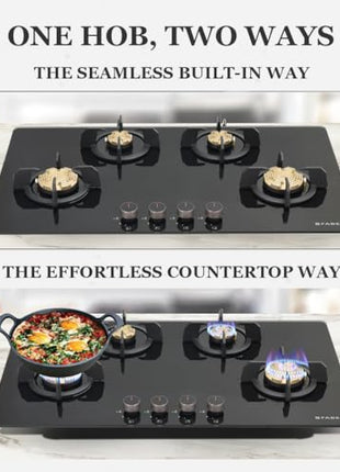 Faber 4 Burner 90Cm HOB |Auto Ignition| HOB PRIME HT904 CRS BR CI AI |Metal Knobs| Cast Iron Pan Support|HOB/Cooktop Hybrid|Black Glass Finish |5 Yrs Warranty On Glass,Valve & 2 Yrs On Burner 