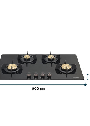 Faber 4 Burner 90Cm HOB |Auto Ignition| HOB PRIME HT904 CRS BR CI AI |Metal Knobs| Cast Iron Pan Support|HOB/Cooktop Hybrid|Black Glass Finish |5 Yrs Warranty On Glass,Valve & 2 Yrs On Burner 