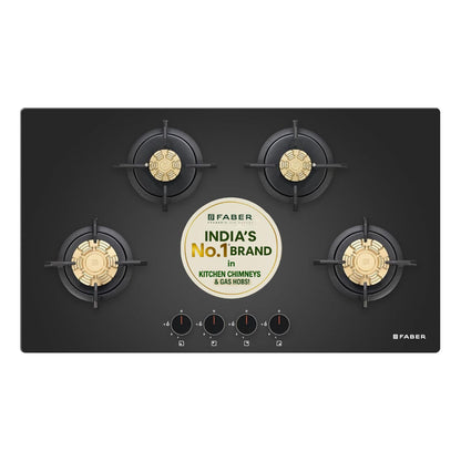 Faber 4 Burner 90Cm HOB |Auto Ignition| HOB PRIME HT904 CRS BR CI AI |Metal Knobs| Cast Iron Pan Support|HOB/Cooktop Hybrid|Black Glass Finish |5 Yrs Warranty On Glass,Valve & 2 Yrs On Burner 