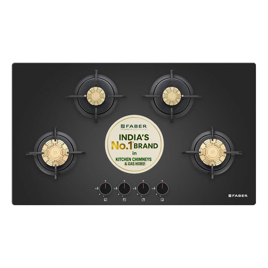Faber 4 Burner 90Cm HOB |Auto Ignition| HOB PRIME HT904 CRS BR CI AI |Metal Knobs| Cast Iron Pan Support|HOB/Cooktop Hybrid|Black Glass Finish |5 Yrs Warranty On Glass,Valve & 2 Yrs On Burner 