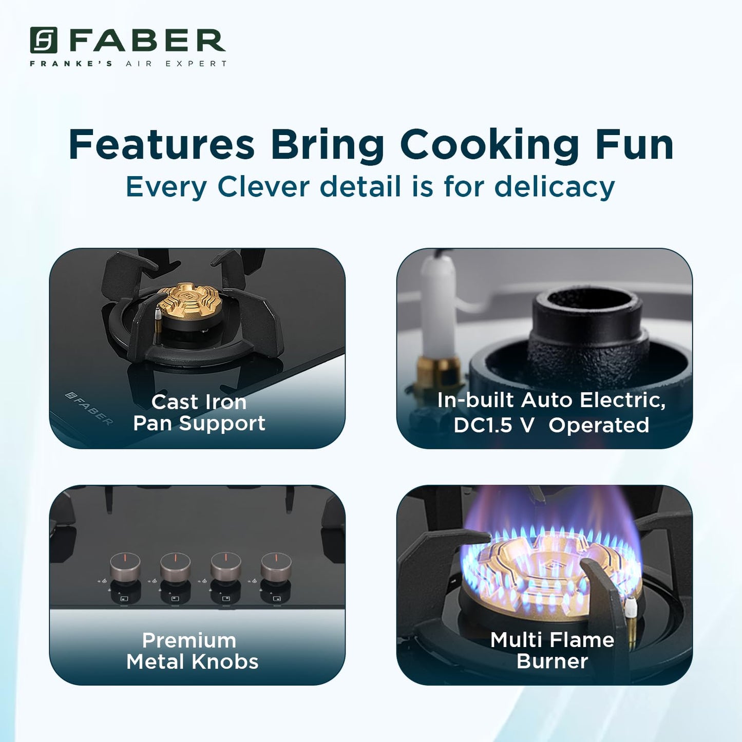 Faber 4 Burner 90Cm HOB |Auto Ignition| HOB PRIME HT904 CRS BR CI AI |Metal Knobs| Cast Iron Pan Support|HOB/Cooktop Hybrid|Black Glass Finish |5 Yrs Warranty On Glass,Valve & 2 Yrs On Burner 