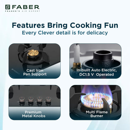 Faber 4 Burner 90Cm HOB |Auto Ignition| HOB PRIME HT904 CRS BR CI AI |Metal Knobs| Cast Iron Pan Support|HOB/Cooktop Hybrid|Black Glass Finish |5 Yrs Warranty On Glass,Valve & 2 Yrs On Burner 