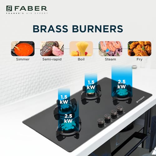 Faber 4 Burner 90Cm HOB |Auto Ignition| HOB PRIME HT904 CRS BR CI AI |Metal Knobs| Cast Iron Pan Support|HOB/Cooktop Hybrid|Black Glass Finish |5 Yrs Warranty On Glass,Valve & 2 Yrs On Burner 