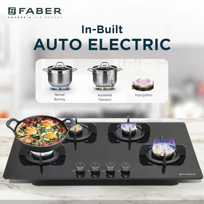 Faber 4 Burner 90Cm HOB |Auto Ignition| HOB PRIME HT904 CRS BR CI AI |Metal Knobs| Cast Iron Pan Support|HOB/Cooktop Hybrid|Black Glass Finish |5 Yrs Warranty On Glass,Valve & 2 Yrs On Burner 