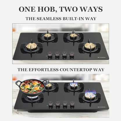 Faber 4 Burner 90Cm HOB |Auto Ignition| HOB PRIME HT904 CRS BR CI AI |Metal Knobs| Cast Iron Pan Support|HOB/Cooktop Hybrid|Black Glass Finish |5 Yrs Warranty On Glass,Valve & 2 Yrs On Burner 