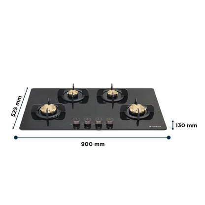 Faber 4 Burner 90Cm HOB |Auto Ignition| HOB PRIME HT904 CRS BR CI AI |Metal Knobs| Cast Iron Pan Support|HOB/Cooktop Hybrid|Black Glass Finish |5 Yrs Warranty On Glass,Valve & 2 Yrs On Burner 