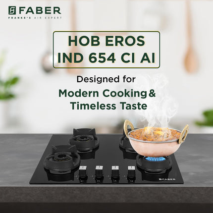 Faber 4 Burner 90cm Eros Hob |Auto-Ignition|Metal Knobs| Cast Iron Pan Support |Hob/Cooktop Hybrid| Black Glass Finish |5 Yrs Warranty on Glass & Valve,2 Yrs on Burner by Faber|Hob Eros IND 904 CI AI 