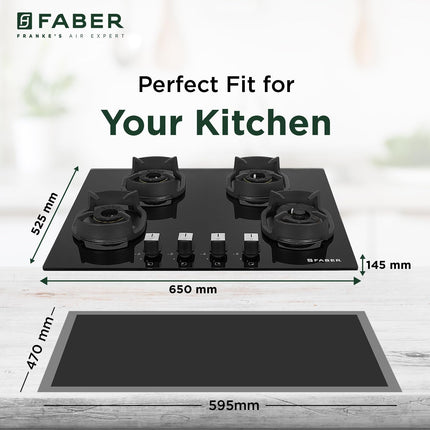 Faber 4 Burner 90cm Eros Hob |Auto-Ignition|Metal Knobs| Cast Iron Pan Support |Hob/Cooktop Hybrid| Black Glass Finish |5 Yrs Warranty on Glass & Valve,2 Yrs on Burner by Faber|Hob Eros IND 904 CI AI 