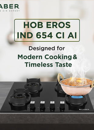 Faber 4 Burner 90cm Eros Hob |Auto-Ignition|Metal Knobs| Cast Iron Pan Support |Hob/Cooktop Hybrid| Black Glass Finish |5 Yrs Warranty on Glass & Valve,2 Yrs on Burner by Faber|Hob Eros IND 904 CI AI 