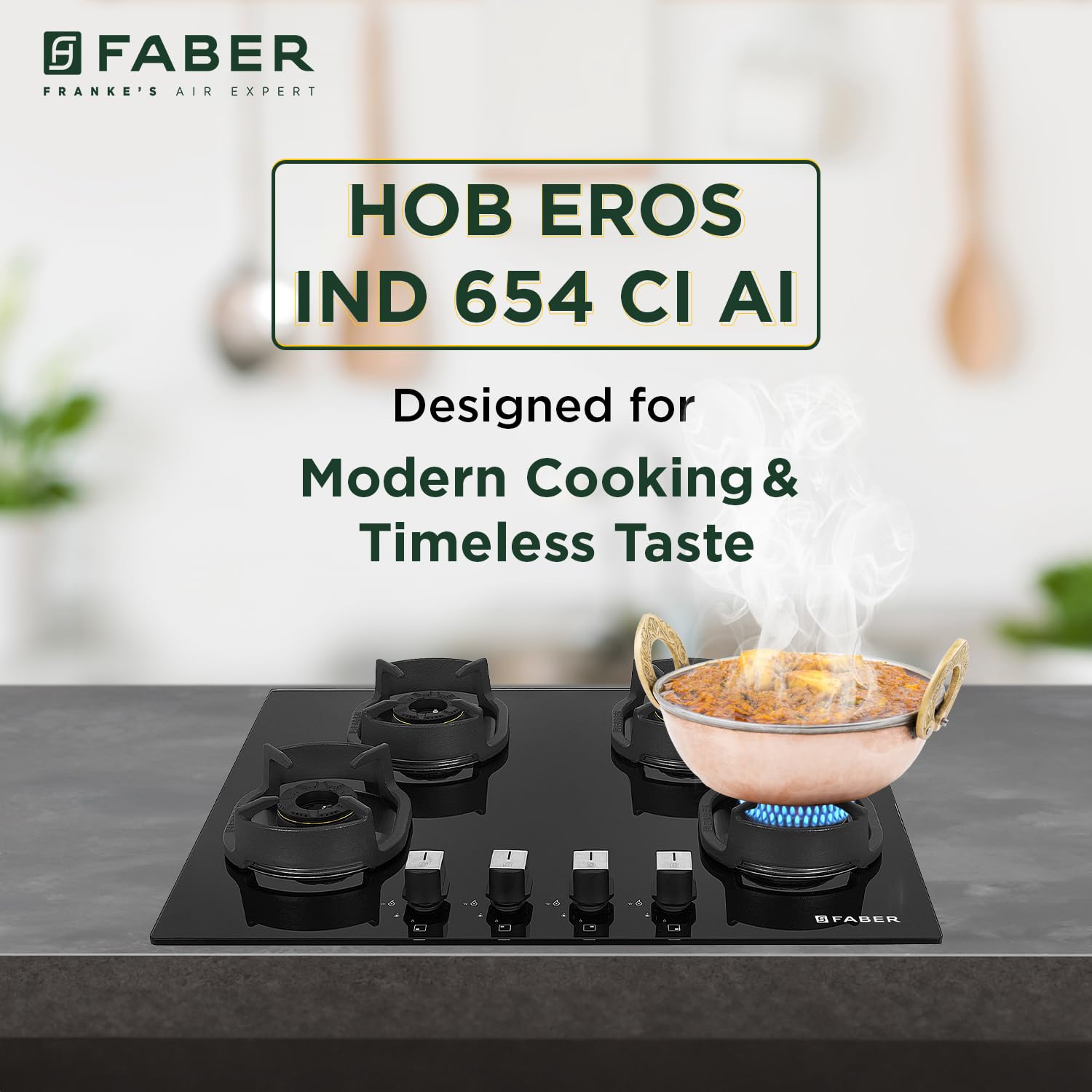 Faber 4 Burner 90cm Eros Hob |Auto-Ignition|Metal Knobs| Cast Iron Pan Support |Hob/Cooktop Hybrid| Black Glass Finish |5 Yrs Warranty on Glass & Valve,2 Yrs on Burner by Faber|Hob Eros IND 904 CI AI 