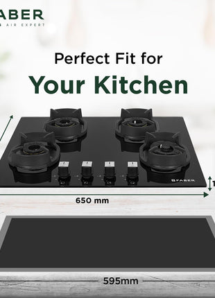 Faber 4 Burner 90cm Eros Hob |Auto-Ignition|Metal Knobs| Cast Iron Pan Support |Hob/Cooktop Hybrid| Black Glass Finish |5 Yrs Warranty on Glass & Valve,2 Yrs on Burner by Faber|Hob Eros IND 904 CI AI 