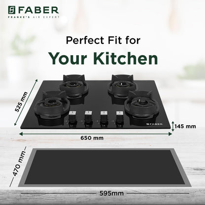 Faber 4 Burner 90cm Eros Hob |Auto-Ignition|Metal Knobs| Cast Iron Pan Support |Hob/Cooktop Hybrid| Black Glass Finish |5 Yrs Warranty on Glass & Valve,2 Yrs on Burner by Faber|Hob Eros IND 904 CI AI 