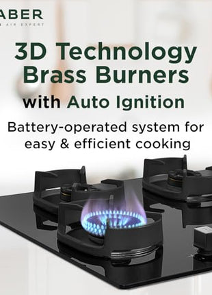 Faber 4 Burner 90cm Eros Hob |Auto-Ignition|Metal Knobs| Cast Iron Pan Support |Hob/Cooktop Hybrid| Black Glass Finish |5 Yrs Warranty on Glass & Valve,2 Yrs on Burner by Faber|Hob Eros IND 904 CI AI 