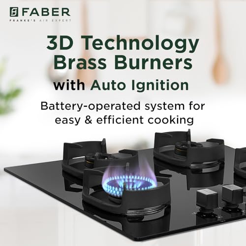 Faber 4 Burner 90cm Eros Hob |Auto-Ignition|Metal Knobs| Cast Iron Pan Support |Hob/Cooktop Hybrid| Black Glass Finish |5 Yrs Warranty on Glass & Valve,2 Yrs on Burner by Faber|Hob Eros IND 904 CI AI 