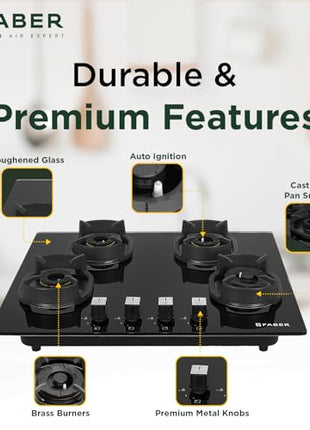 Faber 4 Burner 90cm Eros Hob |Auto-Ignition|Metal Knobs| Cast Iron Pan Support |Hob/Cooktop Hybrid| Black Glass Finish |5 Yrs Warranty on Glass & Valve,2 Yrs on Burner by Faber|Hob Eros IND 904 CI AI 