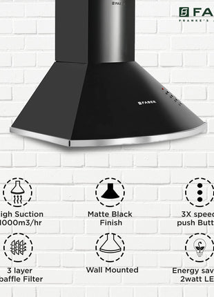 Faber 60 cm 1000 m³/HR Pyramid Kitchen Chimney || 12 year warranty on Motor|| Motor- 240 Watt (HOOD CLASS PRO PB BK LTW 60, Baffle Filters,Black) 