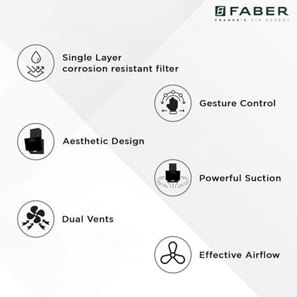 Faber 60 cm 1200 m3/hr Vertical Wall Mounted Chimney|Filterless|Two Way Suction|Auto Clean|8 Yrs Motor &2Yrs Comprehensive Warranty by Faber|Touch & Gesture Control|Hood Mojito IN HC SC FL BK 60|black 