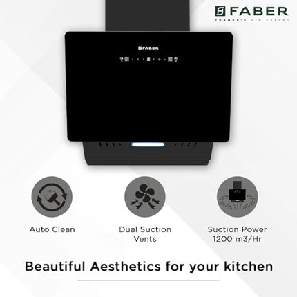 Faber 60 cm 1200 m3/hr Vertical Wall Mounted Chimney|Filterless|Two Way Suction|Auto Clean|8 Yrs Motor &2Yrs Comprehensive Warranty by Faber|Touch & Gesture Control|Hood Mojito IN HC SC FL BK 60|black 