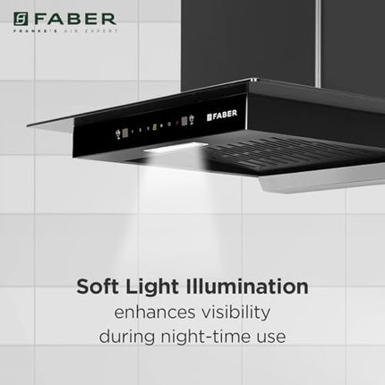 Faber 60cm 1300 m³/hr Autoclean T-Shape Kitchen Chimney | Autoclean Alarm | Mood Light | 12Yr Warranty on Motor 2Yr Comprehensive by Faber|Filterless|Touch & Gesture|HOOD IGNIS IN HC SC BK FL 60,Black 
