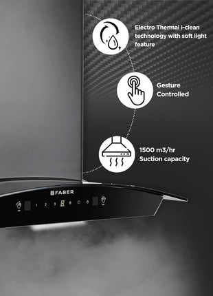 Faber 60cm 1500 m³/hr Autoclean Kitchen Chimney|Autoclean Alarm|Mood Light|12Yr Warranty on Motor 2Yr Comprehensive by Faber|Baffle Filter|Touch & Gesture|Hood Primus Plus Energy in HCSC BK 60,Black 
