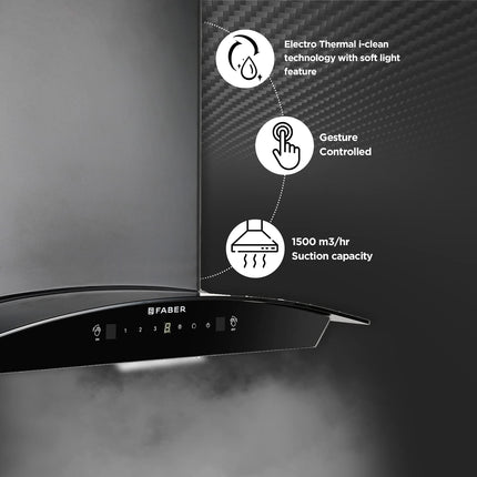 Faber 60cm 1500 m³/hr Autoclean Kitchen Chimney|Autoclean Alarm|Mood Light|12Yr Warranty on Motor 2Yr Comprehensive by Faber|Baffle Filter|Touch & Gesture|Hood Primus Plus Energy in HCSC BK 60,Black 