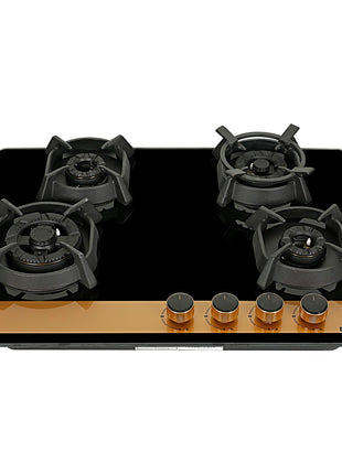 Faber 70cm 4Burner Gas Hob | Flame Failure Device | Cast Iron Pan Support | Metal Knobs | Dual Flame Burner | 8mm Toughened Black Glass | Versatile Hob/Cooktop | Hob Utopia Pro HT 704 BR CI 