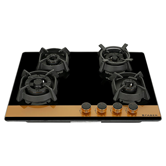Faber 70cm 4Burner Gas Hob | Flame Failure Device | Cast Iron Pan Support | Metal Knobs | Dual Flame Burner | 8mm Toughened Black Glass | Versatile Hob/Cooktop | Hob Utopia Pro HT 704 BR CI 