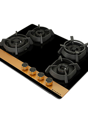 Faber 70cm 4Burner Gas Hob | Flame Failure Device | Cast Iron Pan Support | Metal Knobs | Dual Flame Burner | 8mm Toughened Black Glass | Versatile Hob/Cooktop | Hob Utopia Pro HT 704 BR CI 