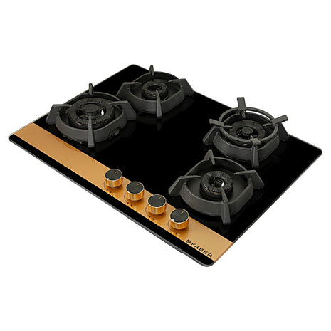 Faber 70cm 4Burner Gas Hob | Flame Failure Device | Cast Iron Pan Support | Metal Knobs | Dual Flame Burner | 8mm Toughened Black Glass | Versatile Hob/Cooktop | Hob Utopia Pro HT 704 BR CI 