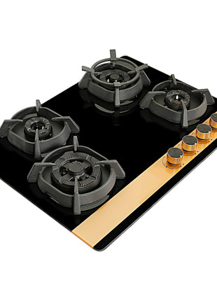 Faber 70cm 4Burner Gas Hob | Flame Failure Device | Cast Iron Pan Support | Metal Knobs | Dual Flame Burner | 8mm Toughened Black Glass | Versatile Hob/Cooktop | Hob Utopia Pro HT 704 BR CI 