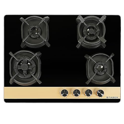 Faber 70cm 4Burner Gas Hob | Flame Failure Device | Cast Iron Pan Support | Metal Knobs | Dual Flame Burner | 8mm Toughened Black Glass | Versatile Hob/Cooktop | Hob Utopia Pro HT 704 BR CI 