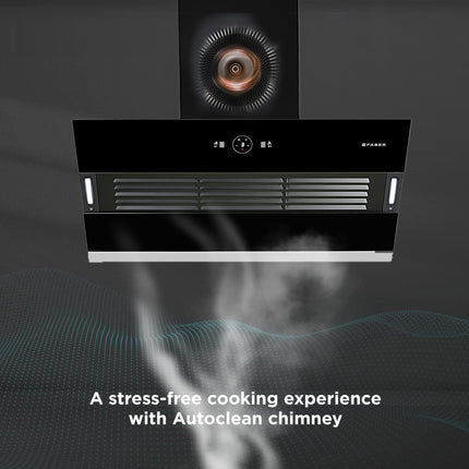 Faber 90 cm 1200 m3/hr Slant, Filterless Auto Clean Chimney, 12Yr Warranty on Motor(2Yr Comprehensive)|| Italian Design (HOOD VERTIGO FL SC AC BK 90, Touch & Gesture Control, Black) 