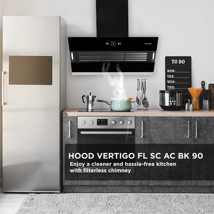 Faber 90 cm 1200 m3/hr Slant, Filterless Auto Clean Chimney, 12Yr Warranty on Motor(2Yr Comprehensive)|| Italian Design (HOOD VERTIGO FL SC AC BK 90, Touch & Gesture Control, Black) 