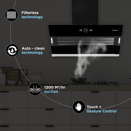 Faber 90 cm 1200 m3/hr Slant, Filterless Auto Clean Chimney, 12Yr Warranty on Motor(2Yr Comprehensive)|| Italian Design (HOOD VERTIGO FL SC AC BK 90, Touch & Gesture Control, Black) 