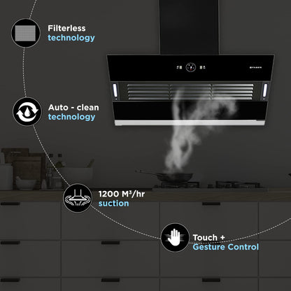 Faber 90 cm 1200 m3/hr Slant, Filterless Auto Clean Chimney, 12Yr Warranty on Motor(2Yr Comprehensive)|| Italian Design (HOOD VERTIGO FL SC AC BK 90, Touch & Gesture Control, Black) 