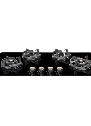 Faber 90Cm 4 Burner HOB|Auto Ignition|Built-In Or Hobtop|Flame Failure Device|Cast Iron Pan Support|Glass Matt Finish|Metal Knobs|Warranty 5 Years On Glass & Valves|HOB EXPERIA HT904 ALU AI FFD,Black 