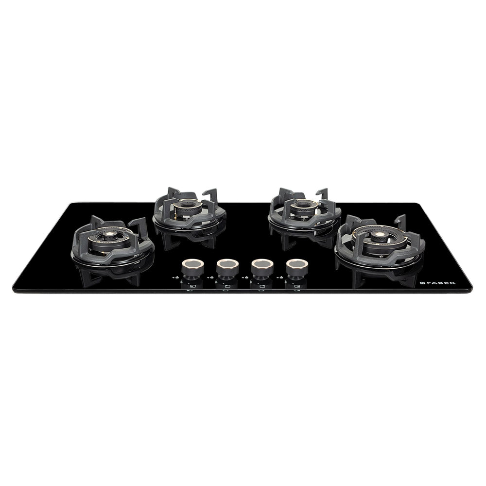 Faber 90Cm 4 Burner HOB|Auto Ignition|Built-In Or Hobtop|Flame Failure Device|Cast Iron Pan Support|Glass Matt Finish|Metal Knobs|Warranty 5 Years On Glass & Valves|HOB EXPERIA HT904 ALU AI FFD,Black