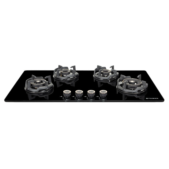 Faber 90Cm 4 Burner HOB|Auto Ignition|Built-In Or Hobtop|Flame Failure Device|Cast Iron Pan Support|Glass Matt Finish|Metal Knobs|Warranty 5 Years On Glass & Valves|HOB EXPERIA HT904 ALU AI FFD,Black 