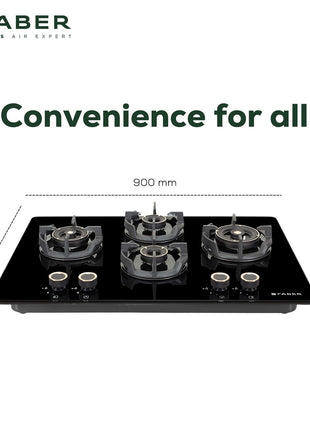 Faber 90Cm 4 Burner HOB|Auto Ignition|Built-In Or Hobtop|Flame Failure Device|Cast Iron Pan Support|Glass Matt Finish|Metal Knobs|Warranty 5 Years On Glass & Valves|HOB EXPERIA HT904 ALU AI FFD,Black 