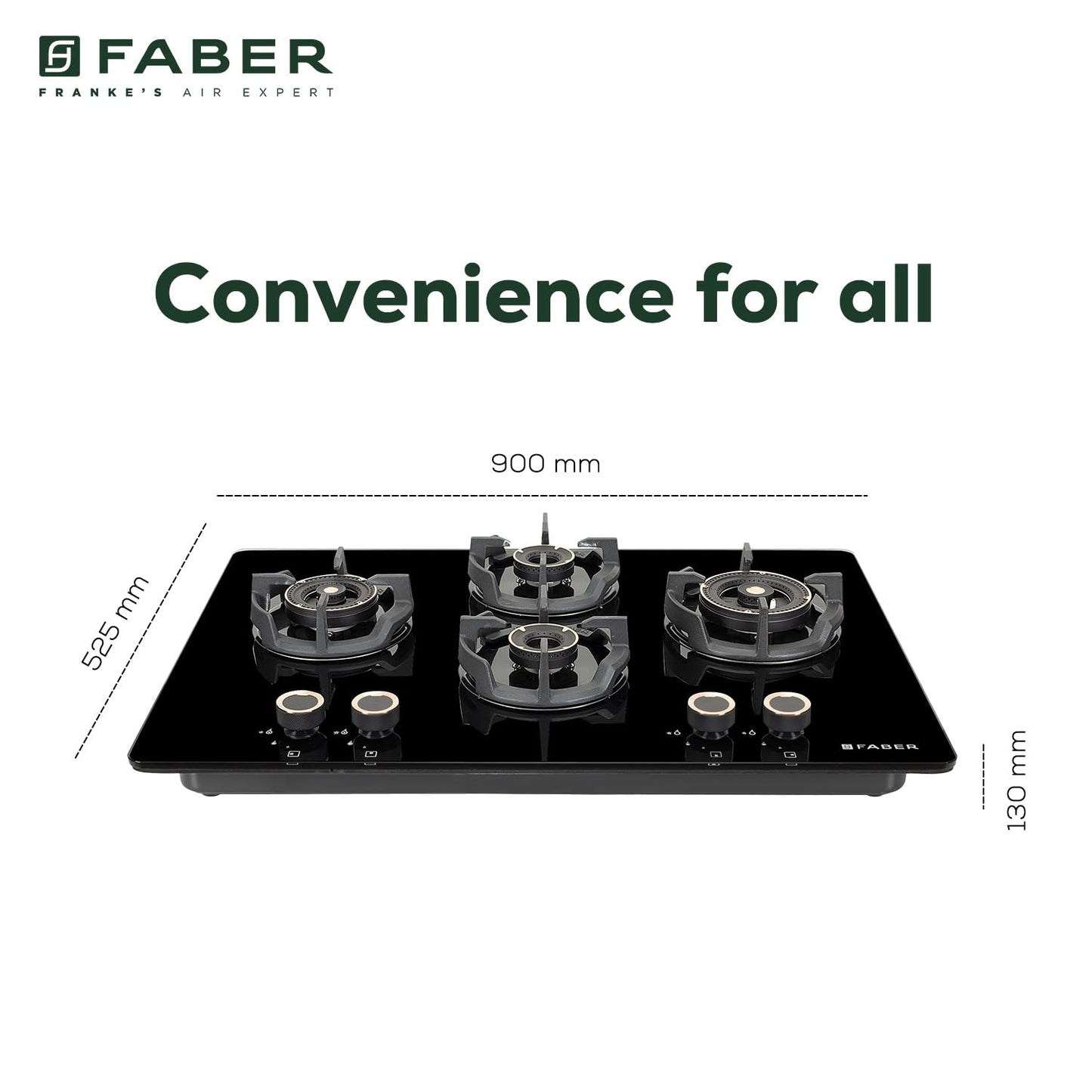 Faber 90Cm 4 Burner HOB|Auto Ignition|Built-In Or Hobtop|Flame Failure Device|Cast Iron Pan Support|Glass Matt Finish|Metal Knobs|Warranty 5 Years On Glass & Valves|HOB EXPERIA HT904 ALU AI FFD,Black 