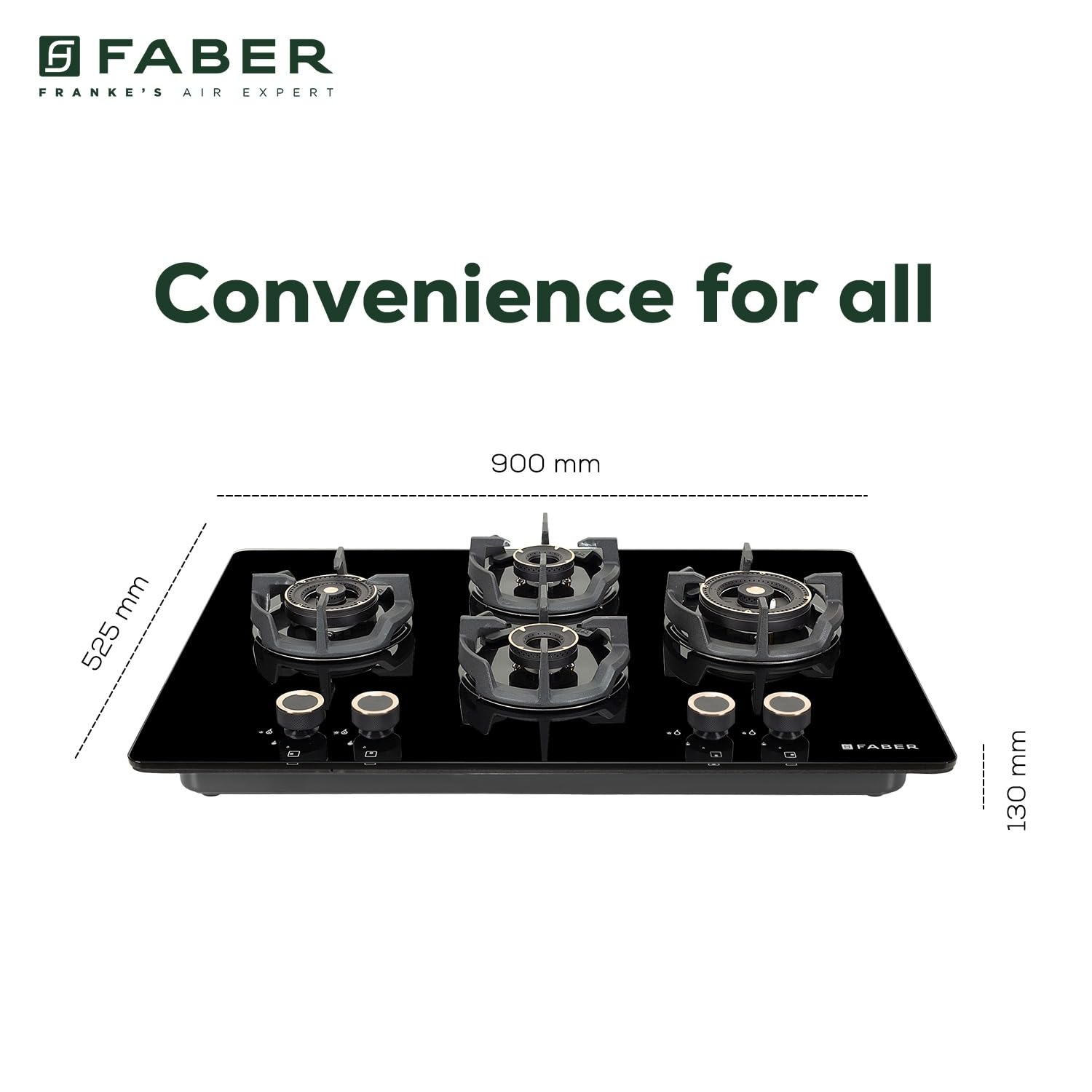 Faber 90Cm 4 Burner HOB|Auto Ignition|Built-In Or Hobtop|Flame Failure Device|Cast Iron Pan Support|Glass Matt Finish|Metal Knobs|Warranty 5 Years On Glass & Valves|HOB EXPERIA HT904 ALU AI FFD,Black 