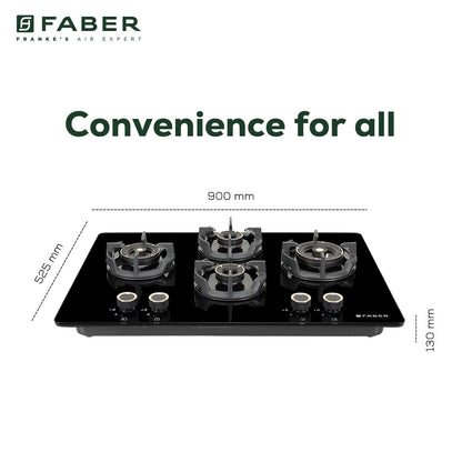 Faber 90Cm 4 Burner HOB|Auto Ignition|Built-In Or Hobtop|Flame Failure Device|Cast Iron Pan Support|Glass Matt Finish|Metal Knobs|Warranty 5 Years On Glass & Valves|HOB EXPERIA HT904 ALU AI FFD,Black 