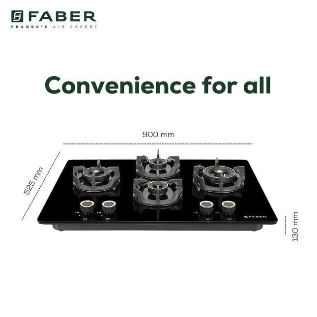 Faber 90Cm 4 Burner HOB|Auto Ignition|Built-In Or Hobtop|Flame Failure Device|Cast Iron Pan Support|Glass Matt Finish|Metal Knobs|Warranty 5 Years On Glass & Valves|HOB EXPERIA HT904 ALU AI FFD,Black 