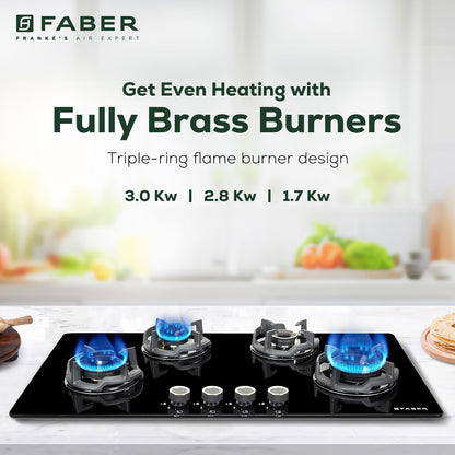 Faber 90Cm 4 Burner HOB|Auto Ignition|Built-In Or Hobtop|Flame Failure Device|Cast Iron Pan Support|Glass Matt Finish|Metal Knobs|Warranty 5 Years On Glass & Valves|HOB EXPERIA HT904 ALU AI FFD,Black 