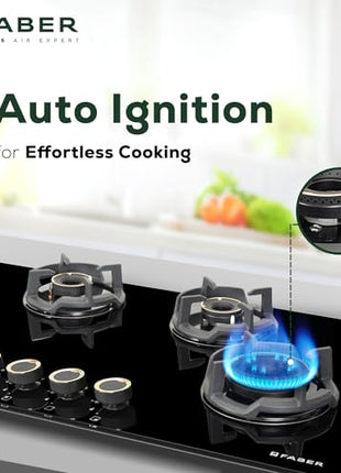 Faber 90Cm 4 Burner HOB|Auto Ignition|Built-In Or Hobtop|Flame Failure Device|Cast Iron Pan Support|Glass Matt Finish|Metal Knobs|Warranty 5 Years On Glass & Valves|HOB EXPERIA HT904 ALU AI FFD,Black 
