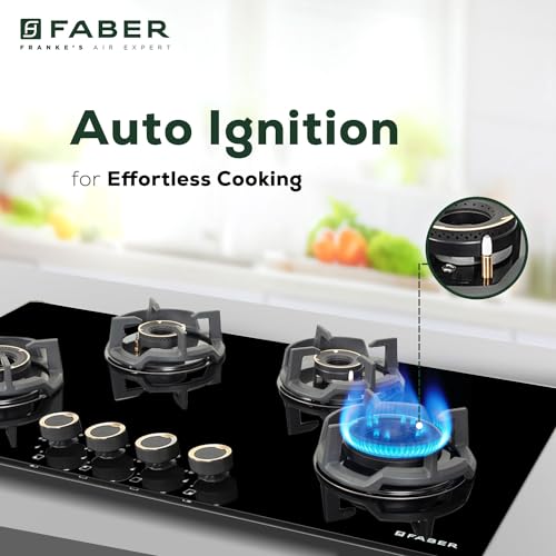 Faber 90Cm 4 Burner HOB|Auto Ignition|Built-In Or Hobtop|Flame Failure Device|Cast Iron Pan Support|Glass Matt Finish|Metal Knobs|Warranty 5 Years On Glass & Valves|HOB EXPERIA HT904 ALU AI FFD,Black 