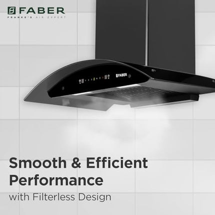 Faber 90cm 1400 m³/hr Autoclean Kitchen Chimney|Broad Body|Curved Glass|Filterless |Touch & Gesture Control|Black Finish|12Yr Warranty on Motor 2Yr Comprehensive by Faber|HOOD TITANIUM IN HC SC FL 90 