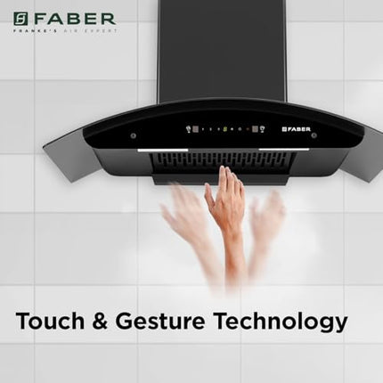 Faber 90cm 1400 m³/hr Autoclean Kitchen Chimney|Broad Body|Curved Glass|Filterless |Touch & Gesture Control|Black Finish|12Yr Warranty on Motor 2Yr Comprehensive by Faber|HOOD TITANIUM IN HC SC FL 90 
