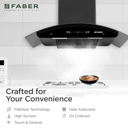 Faber 90cm 1400 m³/hr Autoclean Kitchen Chimney|Broad Body|Curved Glass|Filterless |Touch & Gesture Control|Black Finish|12Yr Warranty on Motor 2Yr Comprehensive by Faber|HOOD TITANIUM IN HC SC FL 90 
